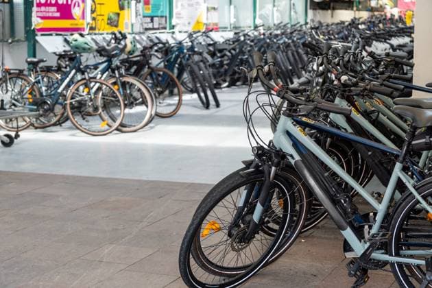 Nago-Torbole, Lake Garda, Italy: July 13, 2025: Bike rental on Lake Garda: A large selection of modern bikes and e-bikes are available for rent - ideal for tourists who want to explore the region in an active and environmentally friendly way.