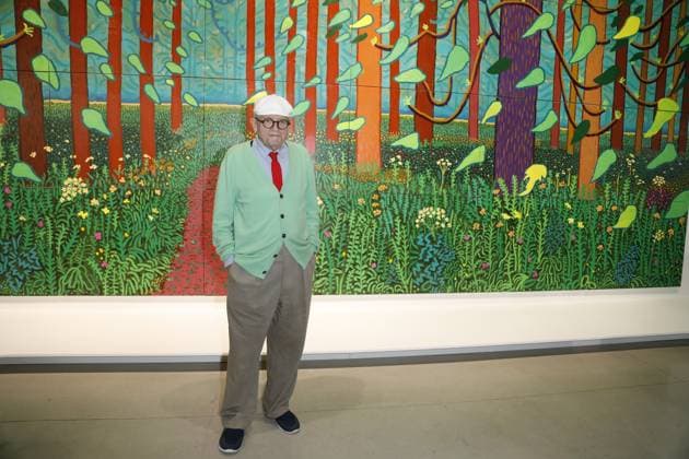 Revelation of the donation of the painting The Arrival Of Spring in Woldgate, East Yorkshire in 2011 by painter David Hockney to the Centre Pompidou in Paris, France on September 26, 2017 A monumental painting some ten meters long by 4 meters high David Hockney poses in front of h  Copyright: xMarcxAussetxLacroixx xBestimagexMarcxAussetxLacroixx xBestimagex