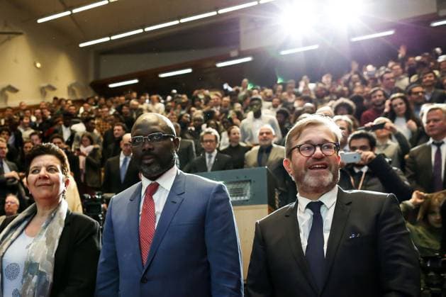 Liberian President George Weah attends a conference-debate at the CNAM Centre National des Arts et Métiers on the theme of training and education in Paris on February 20, 2018 Following the conference, the President of Liberia visited the Musée des Arts et Métiers Then, officials sig  Copyright: xStephanexLemoutonx xBestimagexStephanexLemoutonx xBestimagex