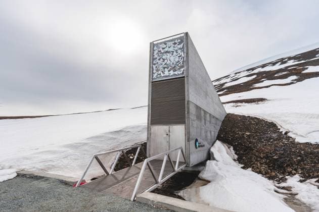 Snow-covered mountain and Entrance to Svalbard Global Seed Vault, worldwide Seeds Vault at Spitsbergen, Norway, Spitsbergen, Longyearbyen Entrance to The Svalbard Global Seed Vault built into a Snow Covered mountain, Norway, Svalbard, Longyearbyen BLWS728879 Copyright: xblickwinkel AGAMI S.xPitamitzx