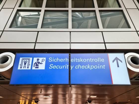 Hamburg, Germany 10 July 2025 Bilingual Shield, the at the Security check on Airport Hamburg points out 1127161066