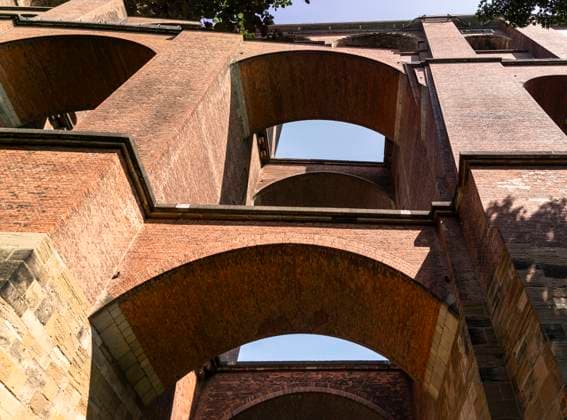Reichenbach The Göltzschtal Bridge View from below into the brick arches of the Göltzschtal Bridge near Reichenbach in Vogtland Saxony 26 million bricks are said to have been needed to build the worlds largest brick bridge 574 m long, 78 m high between 1846 and 1851 Reichenbach i V Saxony Germany