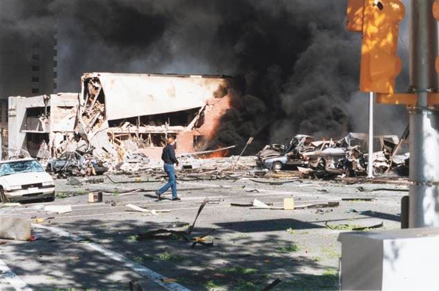 Oklahoma City Bombing April 19, 1995 April 2015 - File - On April 19, 1995, a truck-bomb explosion outside the Alfred P. Murrah Federal Building in Oklahoma City, Oklahoma, left 168 people dead and hundreds more injured. The blast was set off by anti-government militant Timothy McVeigh, who in 2001 was executed for his crimes. His co-conspirator Terry Nichols received life in prison. Pictured - Apr 19, 1995 - Oklahoma City, Oklahoma, U.S - A man wonders near burning cars and destruction outside the Murrah Building. Copyright: xCharlesxPorterxIVx