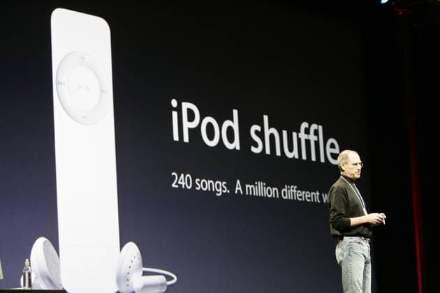 MacWorld 2005 San Francisco Expo Jan 11, 2005; San Francisco, California, U.S.; CEO STEVE JOBS presents a new iPod, the iPod Shuffle, which targets flash MP3 players from other manufacturers. MacWorld 2005 in San Francisco is regularly the venue for Apple CEO Steve Jobs to present new products to a cult-following audience. Copyright: xMikexFoxx