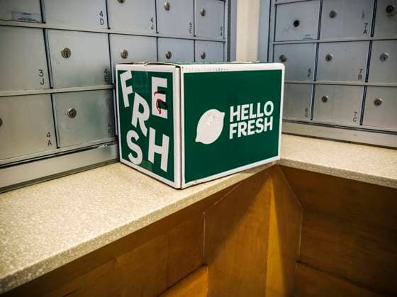 Hello Fresh meal subscription service new packaging A delivery from the Hello Fresh meal subscription service waits to be picked up in the lobby of an apartment building in New York on Tuesday, August 5, 2025. (  RichardxB.xLevine