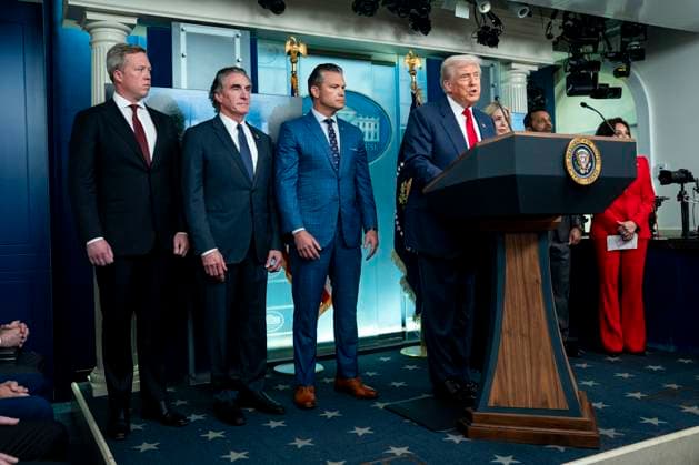 (L-R)Secretary of the Army Dan Driscoll, Secretary of Interior Doug Burgum, Secretary of Defense Pete Hegseth, Attorney General Pam Bondi and FBI Director Kash Patel and US Attorney for the District of Columbia Jeanine Pirro look on as President Donald Trump (C) speaks during a press conference in the James S. Brady briefing room at the White House in Washington, DC on Monday, August 11, 2025. Trump cited statistics said he will deploy the National Guard in DC to stop crime as it is out of control . Official DC statistics show crime is down and at a 30-year low in the Nation s Capital.  WAP202501DATE300 BONNIExCASH