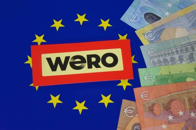EU symbol with the lettering Wero and various banknotes EU symbol with the lettering Wero and various banknotes, 14 08 2025, Borkwalde, Brandenburg, On an EU symbol is the lettering Wero with various banknotes