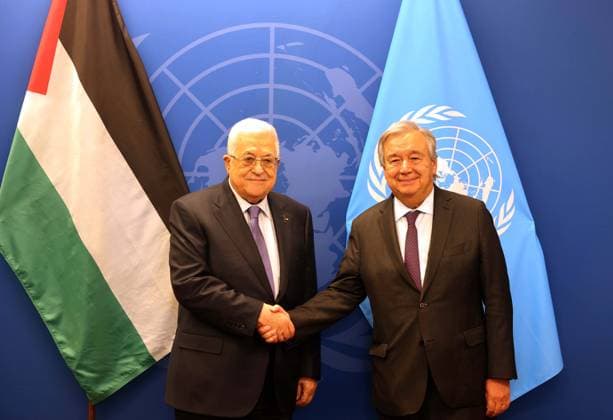 Mahmoud Abbas - Antonio Guterres meet in New York NEW YORK, UNITED STATES - SEPTEMBER 20: (----EDITORIAL USE ONLY – MANDATORY CREDIT - PALESTINIAN PRESIDENCY HANDOUT - NO MARKETING NO ADVERTISING CAMPAIGNS - DISTRIBUTED AS A SERVICE TO CLIENTS----) Palestinian President Mahmoud Abbas (L) meets with United Nations (UN) Secretary-General Antonio Guterres (R) at the United Nations Headquarters in New York, United States on September 20, 2023. New York United States. Editorial use only. Please get in touch for any other usage.  Copyright: x2025xAnadoluxPalestinianxPresidencyx
