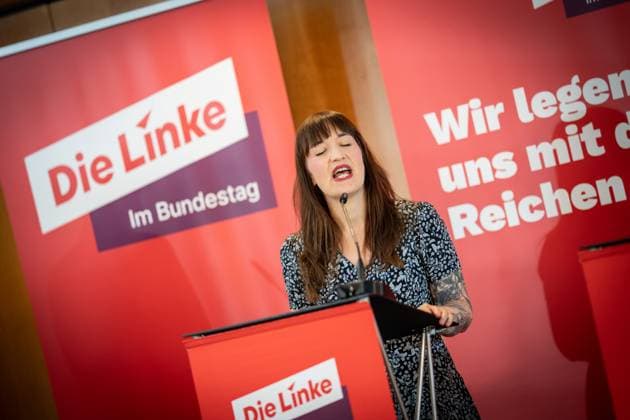 Parliamentary group chairwoman Heidi Reichinnek during her closing statement at the closed meeting of the parliamentary group of the Left Party in Gelsenkirchen Press statement at the end of the closed meeting , Gelsenkirchen NRW Germany PLAZA Hotel Gelsenkirchen