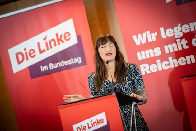 Parliamentary group chairwoman Heidi Reichinnek during her closing statement at the closed meeting of the parliamentary group of the Left Party in Gelsenkirchen Press statement at the end of the closed meeting , Gelsenkirchen NRW Germany PLAZA Hotel Gelsenkirchen
