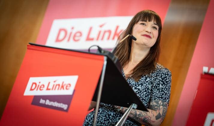 Parliamentary group chairwoman Heidi Reichinnek during her closing statement at the closed meeting of the parliamentary group of the Left Party in Gelsenkirchen Press statement at the end of the closed meeting , Gelsenkirchen NRW Germany PLAZA Hotel Gelsenkirchen