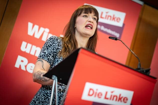 Parliamentary group chairwoman Heidi Reichinnek during her closing statement at the closed meeting of the parliamentary group of the Left Party in Gelsenkirchen Press statement at the end of the closed meeting , Gelsenkirchen NRW Germany PLAZA Hotel Gelsenkirchen
