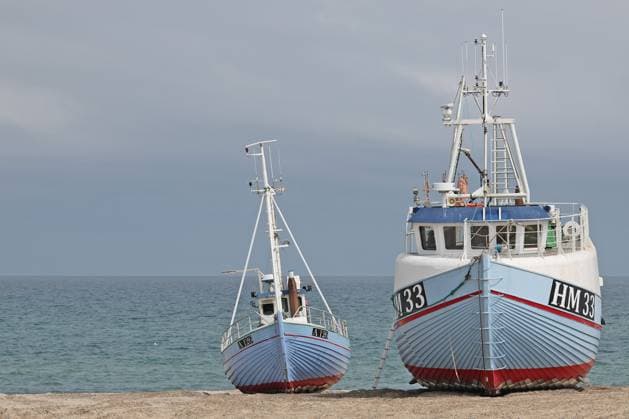 Fishing boats lying on the beach of Thorup Strand, Cutter on the beach, North Jutland, Denmark, 26 07 2025, Thorup Strand Thorup Strand North Jutland Denmark
