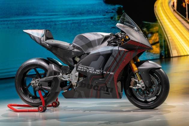 Munich, Bavaria, Germany - September 9, 2025: Ducati presents the V21L with a new type of solid-state battery at the VW (Volkswagen) stand at the IAA Mobility trade fair the electric super sports motorcycle showcases the future of high-performance e-mobility on two wheels. Mobility 2025 trade fair in Munich.