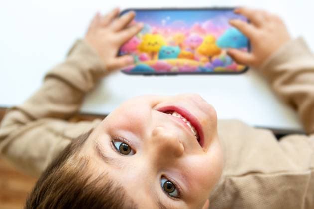 Germany - September 17, 2025: PHOTOMONTAGE, A child plays happily with a colorful smartphone app. The image combines digital leisure activities, entertainment, and the joyful use of modern technology in children s everyday lives.