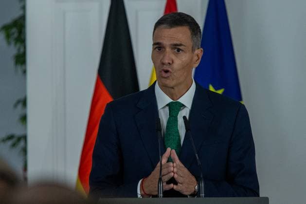 September 18, 2025, Madrid, Spain: The President of the Government of the Kingdom of Spain, Pedro Sanchez, speaks during an official visit by the Chancellor of the Federal Republic of Germany, Friedrich Merz (not in view) at the Moncloa Palace. Madrid Spain - ZUMAs197 20250918_aaa_s197_448 Copyright: xDavidxCanalesx
