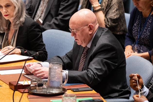 September 19, 2025, Bronx, New York, USA: Ambassador Vassily Nebenzia of Russia speaks during Security Council meeting on Non-proliferation as Council voted on draft resolution to maintain the suspension of sanctions on Iran at UN headquarters in New York, NY on September 19, 2025. The resolution received 4 votes in favor, 9 against and abstentions and was not adopted. Bronx USA - ZUMAr339 20250919_znp_r339_034 Copyright: xLevxRadinx