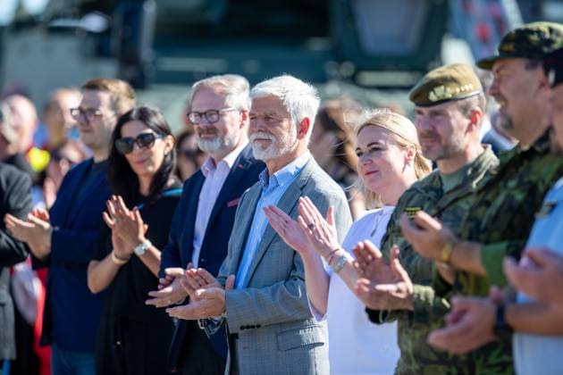 Czech President Petr Pavel (centre) attends NATO Days and Days of Czech Air Forces in Mosnov, Czech Republic, September 20, 2025. From left Marketa Pekarova-Adamova, Petr Fiala, PM, Petr Pavel, President, Jana Cernochova, Karel Rehka. (CTKxPhoto VladimirxPrycek) CTKPhotoP2025092002939  CTKPhotoP2025092002939