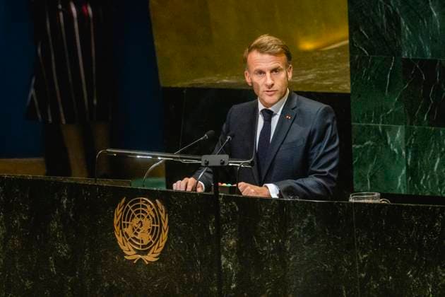 Emmanuel Macron, President of France, delivers opening remarks at the United Nations Two-State Conference in New York City, 22 09 2025 Photographed on behalf of the Department of State New York City United States of America Copyright: xJulianexSonntag AAx