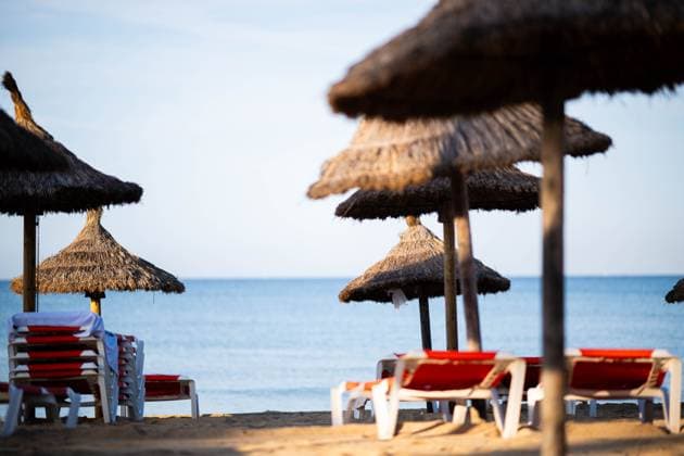 14 09 2025 Summer in Mallorca Early in the morning after sunrise it is quiet on the beach in El Arenal , Mallorca Spain El Arenal