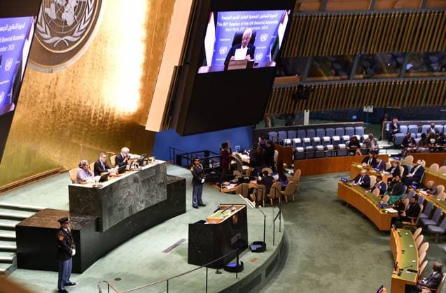 US UN General Assembly 9013327 25.09.2025 Palestinian President Mahmoud Abbas appears on a screen to address the 80th United Nations General Assembly (UNGA) at the U.N. headquarters in New York, the United States. RIA Novosti Sputnik New York USA  Copyright: xRIAxNovostix
