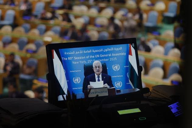 President of the State of Palestine Mahmoud Abbas appears on closed circuit monitors as he speaks on the third day of the 80th session of the General Debate in the UN General Assembly Hall at the United Nations Headquarters on Thursday, September 25, 2025 in New York City.  NYP202509255014 PETERxFOLEY