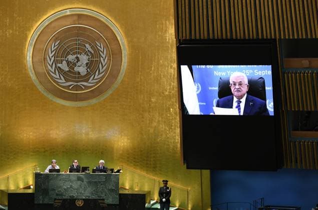(250925) -- UNITED NATIONS, Sept. 25, 2025 Palestinian President Mahmoud Abbas delivers a speech via video link during the General Debate of the 80th session of the United Nations General Assembly (UNGA) at the UN headquarters in New York, on Sept. 25, 2025. ) UN-GENERAL ASSEMBLY-GENERAL DEBATE-ABBAS LixRui 