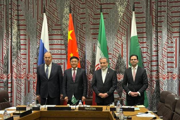 USA, NEW YORK CITY - SEPTEMBER 25, 2025: Sergei Lavrov (L), Foreign Minister of Russia, and his counterparts from China, Iran and Pakistan attend a meeting of the regional quartet on Afghanistan on the sidelines of the 80th session of the UN General Assembly. Ilya Yermakov TASS  84332068