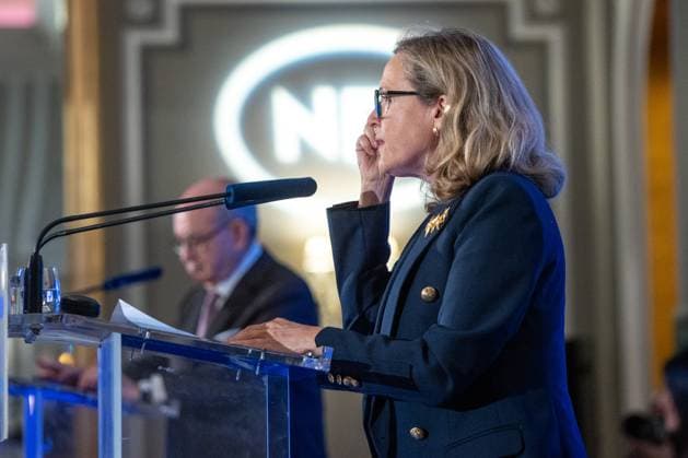 September 26, 2025, Madrid, Spain: The President of the European Investment Bank (EIB) Nadia Calvino attends a breakfast briefing hosted by the New Economy Forum at the Mandarin Oriental Ritz Hotel. Madrid Spain - ZUMAs197 20250926_aaa_s197_030 Copyright: xDavidxCanalesx
