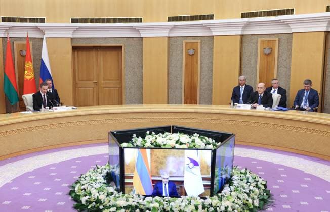 Belarus Eurasian Intergovernmental Council 9016555 30.09.2025 Belarusian Prime Minister Alexander Turchin and Russian Prime Minister Mikhail Mishustin attend a meeting of the Eurasian Economic Union Intergovernmental Council in Minsk, Belarus. Sputnik Minsk Belarus Copyright: xx