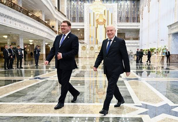 Belarus Eurasian Intergovernmental Council 9016627 30.09.2025 CIS Secretary General Sergei Lebedev, right, arrives before a meeting of participants of the Eurasian Economic Union Intergovernmental Council with Belarusian President Alexander Lukashenko in Minsk, Belarus. Alexander Miridonov Sputnik Minsk Belarus Copyright: xAlexanderxMiridonovx