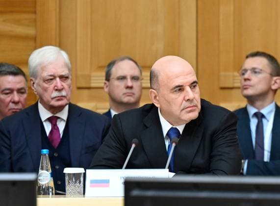 Belarus Eurasian Intergovernmental Council 9016654 30.09.2025 Russian Prime Minister Mikhail Mishustin attends an expanded format meeting of the Eurasian Intergovernmental Council, in Minsk, Belarus. Russia s Ambassador to Belarus Boris Gryzlov, is at left. Alexander Miridonov Sputnik Minsk Belarus Copyright: xAlexanderxMiridonovx