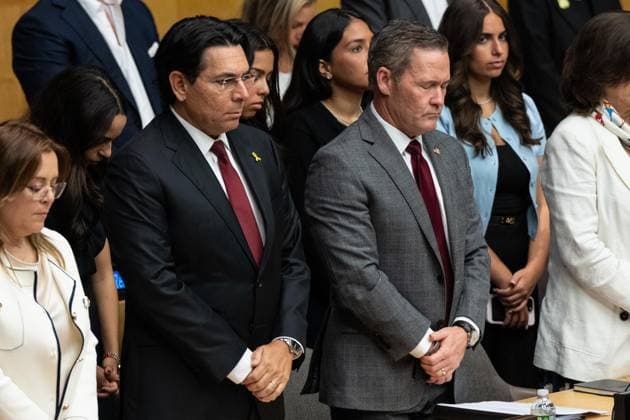 September 30, 2025, Bronx, New York, USA: Ambassador Danny Danon of Israel and Ambassador Michael Waltz observe moment of silence commemoration ceremony at UN Headquarters in New York, NY on September 30, 2025 to mark horrific terrorist attack of October 7 by Hamas. Focus of ceremony was to honor the women who stepped forward when the world stood still. Bronx USA - ZUMAr339 20250930_znp_r339_027 Copyright: xLevxRadinx