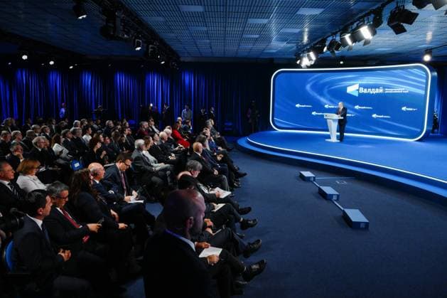 Russia Putin Valdai Discussion Club 9018287 02.10.2025 Russian President Vladimir Putin delivers a speech during a plenary session The Polycentric World: Instructions for Use of the Valdai International Discussion Club in Sochi, Krasnodar region, Russia. Grigory Sysoev Sputnik Sochi Krasnodar region Russia  Copyright: xGrigoryxSysoevx