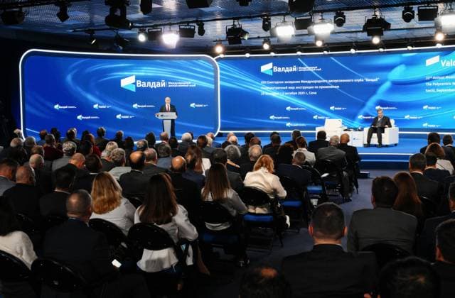 Russia Putin Valdai Discussion Club 9018289 02.10.2025 Russian President Vladimir Putin delivers a speech during a plenary session The Polycentric World: Instructions for Use of the Valdai International Discussion Club in Sochi, Krasnodar region, Russia. Grigory Sysoev Sputnik Sochi Krasnodar region Russia  Copyright: xGrigoryxSysoevx