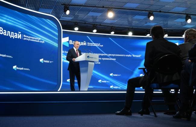 Russia Putin Valdai Discussion Club 9018312 02.10.2025 Russian President Vladimir Putin delivers a speech during a plenary session The Polycentric World: Instructions for Use of the Valdai International Discussion Club in Sochi, Krasnodar region, Russia. Grigory Sysoev Sputnik Sochi Krasnodar region Russia  Copyright: xGrigoryxSysoevx