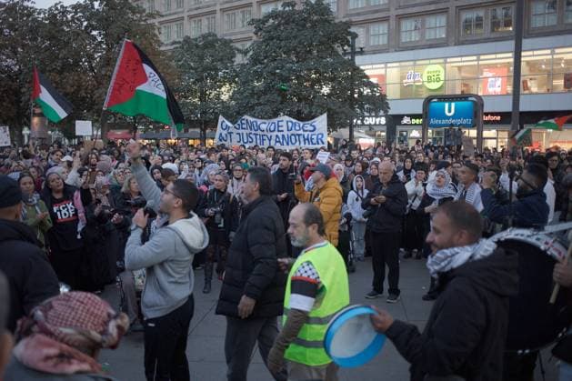 October 2, 2025, Berlin, Berlin, Germany: Thousands of people gathered to protest against the ongoing genocide in Gaza and the illegal interception of activists in international waters, sit-in at Alexanderplatz in solidarity with the Global Sumud Flotilla and the Palestinian people. One genocide does not justify another Berlin Germany - ZUMAb284 20251002_zip_b284_003 Copyright: xZairaxBiaginix