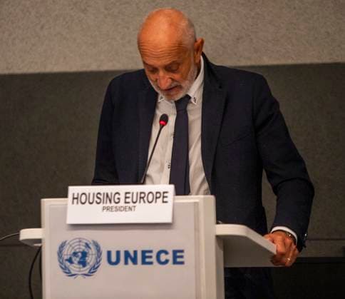 October 8, 2025, Geneva, Geneva, Switzerland: Geneva Switzerland, 10 08 2025: Mr. MARCO CORRADI (President of Housing Europe) explained the issues at European level during at the UNECE Ministerial meeting on housing affordability and sustainability (United Nations Economic Commission for Europe) and which is also the 86th session of the Committee on Housing, which concerns Urban Development and Land Management which took place at United Nations of Geneva in Geneva. Geneva Switzerland - ZUMAd206 20251008_zip_d206_022 Copyright: xEricxDubostx