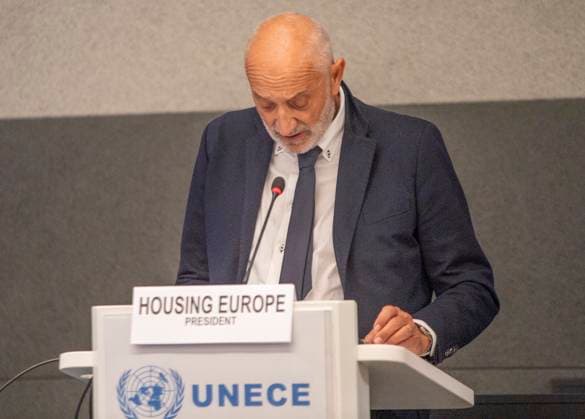 October 8, 2025, Geneva, Geneva, Switzerland: Geneva Switzerland, 10 08 2025: Mr. MARCO CORRADI (President of Housing Europe) explained the issues at European level during at the UNECE Ministerial meeting on housing affordability and sustainability (United Nations Economic Commission for Europe) and which is also the 86th session of the Committee on Housing, which concerns Urban Development and Land Management which took place at United Nations of Geneva in Geneva. Geneva Switzerland - ZUMAd206 20251008_zip_d206_023 Copyright: xEricxDubostx