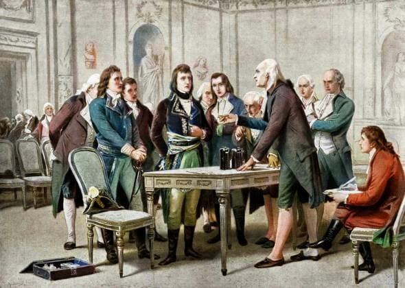 Volta demonstrating his voltaic pile before First Consul Napoleon Bonaparte December 2, 1801 the Italian physicist Alexandre Alessandro Volta 1745 1827 presented the functioning of the electric pile before the members of the Academie des sciences, in Paris Among them, Bonaparte, then First Consul RECORD DATE NOT STATED  Copyright: x Darchivio opale.photox !ACHTUNG AUFNAHMEDATUM GESCHÄTZT!