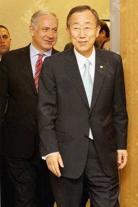 Israeli Prime Minister Benjamin Netanyahu meets with U.N. Secretary-General Ban Ki-moon to discuss issues including Israeli-Palestinian peace-making efforts., New York City, United States WENN 5511017