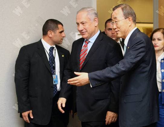 Israeli Prime Minister Benjamin Netanyahu meets with U.N. Secretary-General Ban Ki-moon to discuss issues including Israeli-Palestinian peace-making efforts., New York City, United States WENN 5511018