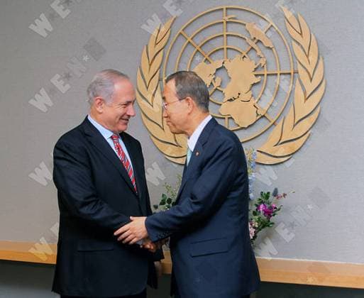Israeli Prime Minister Benjamin Netanyahu meets with U.N. Secretary-General Ban Ki-moon to discuss issues including Israeli-Palestinian peace-making efforts., New York City, United States WENN 5511019