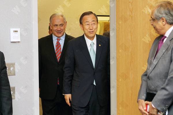 Israeli Prime Minister Benjamin Netanyahu meets with U.N. Secretary-General Ban Ki-moon to discuss issues including Israeli-Palestinian peace-making efforts., New York City, United States WENN 5511023