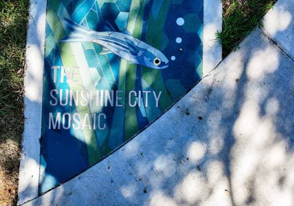 October 13, 2025, St. Petersburg, Florida, USA: An aerial drone view of The Sunshine City Mosaic sidewalk mural at Sunset Park, 7340 Central Ave, on Monday, Oct. 13, 2025 in St. Petersburg. The 175 foot long side walk mural is the largest in the Southeast. St. Petersburg USA - ZUMAs70_ 20251013_zan_s70_045 Copyright: xDirkxShaddx