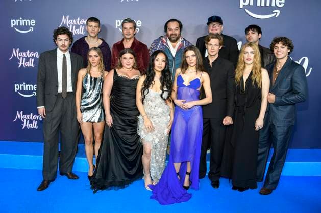 abb Maxton Hall Justus Riesner, Ben Felipe, Eli Riccardi, Runa Greiner, Hyun Wanner, Andrea Guo, Martin Neuhaus, Harriet Herbig Matten, Damian Hardung, Martin Schreier, Sonja Weißer, Govinda Gabriel Cholleti and Frederic Balonier as guests on the blue carpet at the premiere of the Amazon Prime TV series Maxton Hall The World Between U