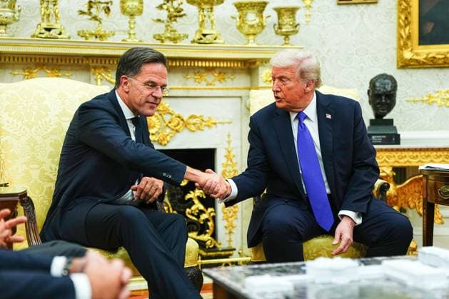 President Donald Trump shakes hands with Secretary General of NATO Mark Rutte during a meeting in the Oval Office of the White House in Washington, DC on Wednesday, October 22, 2025. The leaders are meeting to discuss continuing support for Ukraine. WASP20251022300 AaronxSchwartz