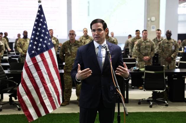 US Secretary of State Marco Rubio speaks to the media after visiting the Civil-Military Coordination Center in southern Israel on Friday, October 24, 2025. US President Donald Trump issued a stark warning to Israel over annexing the West Bank in an interview published on October 23, as visiting Secretary of State Rubio voiced confidence that a US-backed ceasefire in Gaza would hold. Pool  JERX20251024110 FADELxSENNA