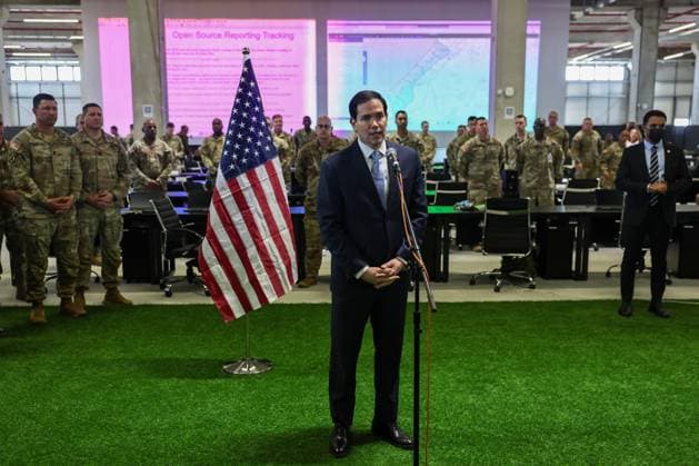 US Secretary of State Marco Rubio speaks to the media after visiting the Civil-Military Coordination Center in southern Israel on Friday, October 24, 2025. US President Donald Trump issued a stark warning to Israel over annexing the West Bank in an interview published on October 23, as visiting Secretary of State Rubio voiced confidence that a US-backed ceasefire in Gaza would hold. Pool  JERX20251024111 FADELxSENNA