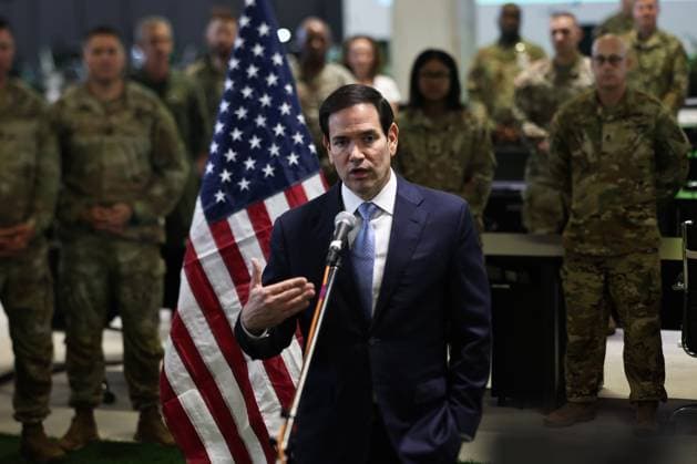 US Secretary of State Marco Rubio speaks to the media after visiting the Civil-Military Coordination Center in southern Israel on Friday, October 24, 2025. US President Donald Trump issued a stark warning to Israel over annexing the West Bank in an interview published on October 23, as visiting Secretary of State Rubio voiced confidence that a US-backed ceasefire in Gaza would hold. Pool  JERX20251024113 FADELxSENNA